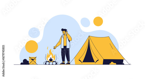Camping Adventure: A Man Making A Call Near Campfire And Yellow Tent Outdoors