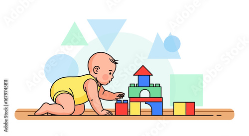 Baby Building Castle With Colorful Blocks On Wooden Surface Cute Minimalist Illustration