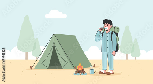 Camping Adventure: A Person Brushing Teeth Outdoors During The Camp Outing