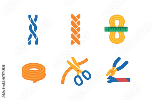 vector colorful flat filled icons rope maker (process): twisting strands braiding fibers measuring length coiling rope cutting ends sealing tips.