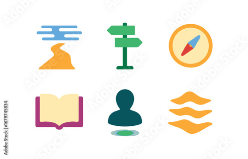vector colorful flat filled icons uncertainty (symbols): foggy path crossroads sign blurred compass open book with blank pages shadowy figure shifting sand.