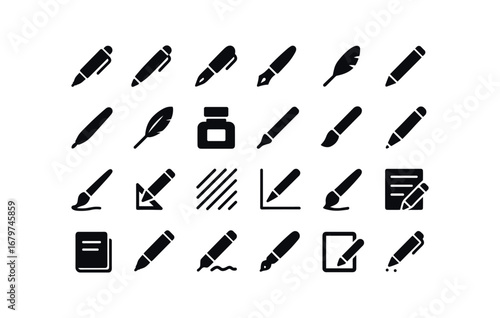 vector solid black filled icons Pen (Types) pen ballpoint pen gel pen fountain pen roller pen marker pen pencil pen stylus pen quill pen ink pen refill pen brush pen calligraphy pen art pen.