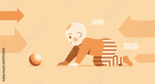 Baby crawling towards a ball, with arrows indicating a direction of movement and growth