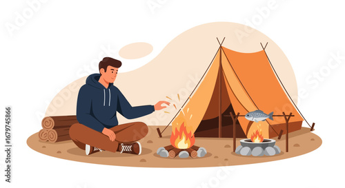 Camping Adventure: A Young Man Sits by a Campfire Cooking Fish with Tent Nearby