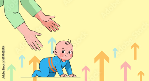 Baby Crawling Toward Support With Progress Arrows, Concept of Growth, New Beginnings