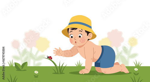 Baby discovering a ladybug in the grass during a sunny and happy summer day