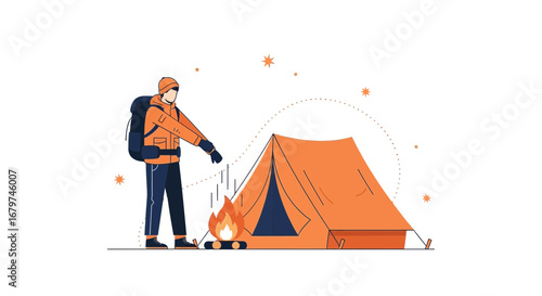 Camping Adventure Depicted With A Cozy Tent And Roaring Fire Under The Stars