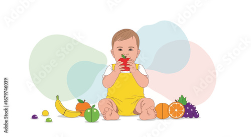 Baby Joyfully Nibbling On Apple Surrounded By Colorful Fruits and Healthy Food