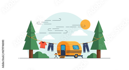 Camping Adventure Depicted With A Trailer, Drying Clothes, And Two Trees Under The Sun