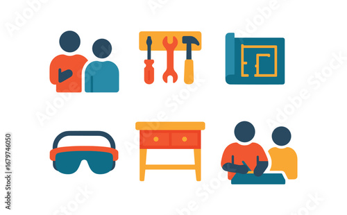 vector colorful flat filled icons technical apprenticeship (workshop): mentor guiding tool rack blueprint on table safety goggles workbench hands on learning.