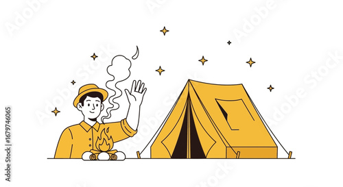 Camping Adventure: Happy Camper Near Bonfire and Tent Under a Starry Sky