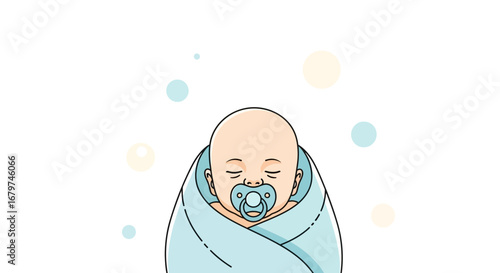 Baby Peacefully Wrapped in a Blanket and Using a Pacifier in an Illustration Style
