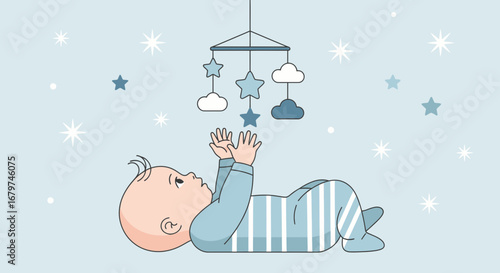 Baby looking up at a mobile with stars and clouds in a calming, peaceful illustration