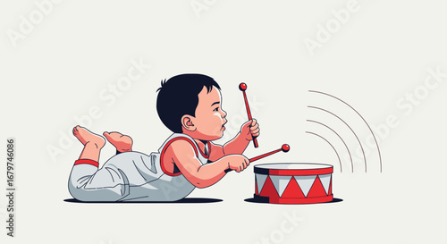 Baby Playfully Exploring Music With Drumsticks And A Rhythmic Percussion Instrument