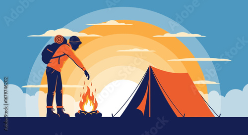 Camping adventure illustration with a hiker, tent and campfire under sunset sky