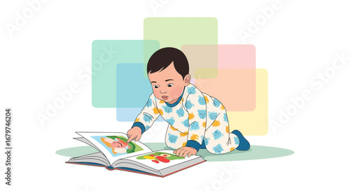 Baby Reading Book With Curiosity Against Pastel Background Displaying Early Childhood Moments