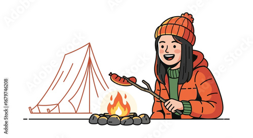Camping Adventure Illustration, Lady roasting sausage on a campfire outdoors, eating, cooking