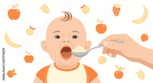 Baby Receives Food Presented On A Spoon, Surrounded By Animated Fruit Designs