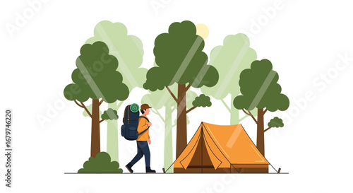Camping Adventure in Forest with Backpack and Tent in Nature illustration