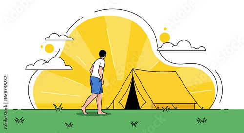 Camping adventure outdoors sunny day with illustration of a person near a tent