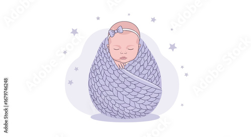 Baby Resting Comfortably Swaddled in a Lilac Blanket with Gentle White Stars Around