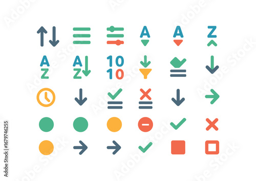 colorful flat vector icons Sort (Basic) sort icon sort asc sort desc sort az sort za sort 09 sort 90 sort new sort old sort valid sort invalid sort up sort down sort left sort right sort.
