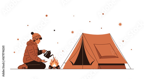 Camping Adventure: Person Roasting Drinks Near Bonfire And Resting In A Tent
