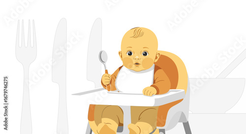 Baby Waiting With A Spoon For Food While Sitting On A High Chair Illustration