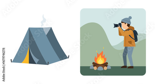 Camping Adventure: Photographer captures a beautiful scenery with a tent and a campfire