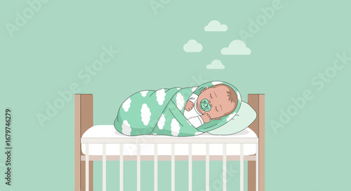 Baby Sleeping Peacefully in Decorated Crib, Dreamy And Serene Illustration