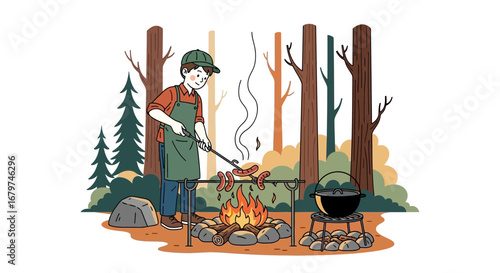 Camping Adventure: Preparing a Delicious Meal by Firelight in the Natural Wilderness