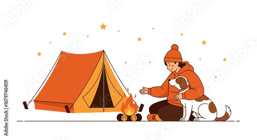 Camping Adventure Under The Stars With Canine Companion Near A Crackling Campfire Scene