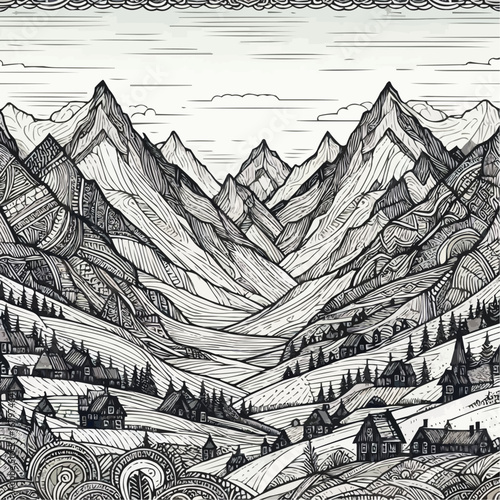 Scenic black and white coloring page of mountains, valleys, and village landscapes
