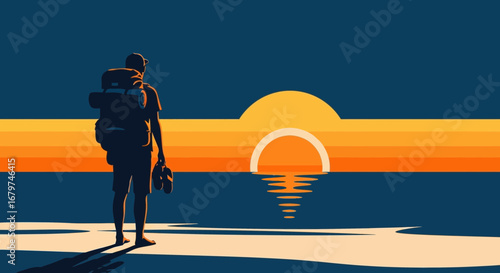 Backpacker Admiring Sunset Silhouette, Journey, Adventure, Travel, Relaxation on the Shore