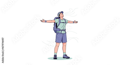 Backpacker Deep Breathing Embracing Fresh Air Feeling Content and Enjoying Nature