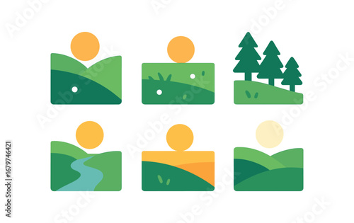 vector colorful flat filled icons dewy mornings season (landscape): rolling hills open meadow forest edge winding stream golden light pale sky.