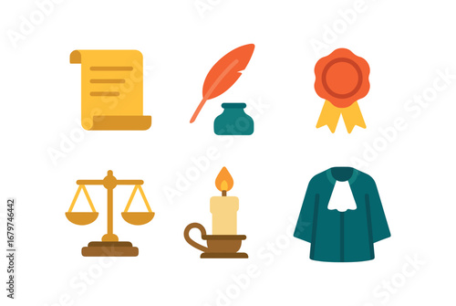 vector colorful flat filled icons balance of justice (historic): parchment laws quill pen wax seal scales on desk candlelight old robe.