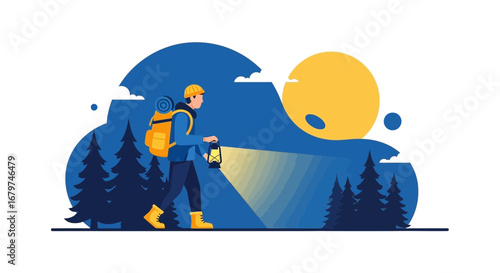 Backpacker Exploring The Wilderness At Night Under A Bright, Yellow Moon