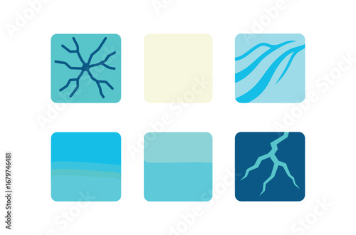vector colorful flat filled icons subglacial lake (aerial): crack patterns white expanse glacial ridges smooth ice sheet faint color shift deep fissures.