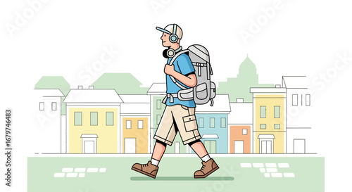 Backpacker Enjoying City Walk While Listening Music Against Cityscape Background