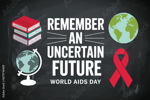Remember an uncertain future world aids day with books globe and aids awareness ribbon on chalkboard