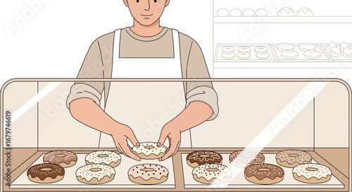 Baker Arranging Delicious Donuts in a Display Case, Perfect for Any bakery Business