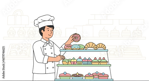 Baker Arranging Sweet Treats Displayed For Sale In A Bakery With Assorted Pastries