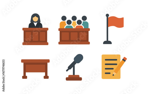 vector colorful flat filled icons balance of justice (courtroom): judge bench jury seats wooden tables flags microphones notepads.