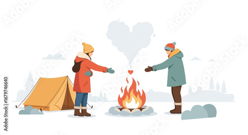 Camping couple warming up near the campfire in winter with love heart in the air