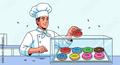 Baker Carefully Arranges Delicious Donuts In A Glass Display Case For Sale