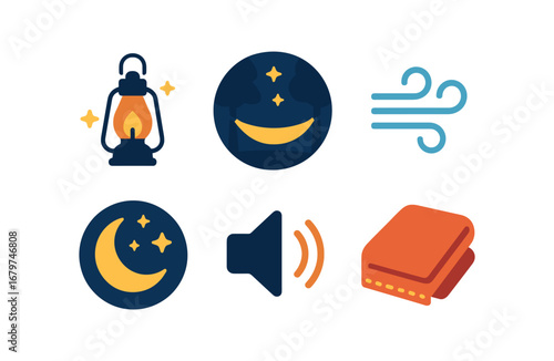 vector colorful flat filled icons hammock balancing (night): lantern glow starry sky cool breeze moonlight quiet sounds warm blanket.