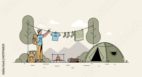 Camping illustration of a person hanging clothes to dry near a tent and campfire