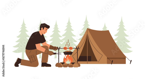 Camping Illustration Of A Man Cooking Food Over A Campfire Near A Tent In Nature
