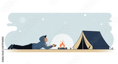 Camping illustration showing a person warming their hands at a campfire with a tent